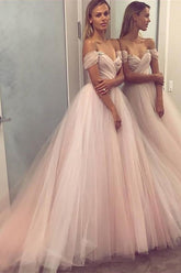 Chic Off the Shoulder Tulle Strapless Sleeveless Long Ball Gown Prom Dress