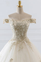 Chic Off-the-Shoulder White Tulle Wedding Dress Sweetheart Sleeveless Champagne Appliques Bridal Gowns Online-27dress