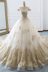 Chic Off-the-Shoulder White Tulle Wedding Dress Sweetheart Sleeveless Champagne Appliques Bridal Gowns Online-27dress