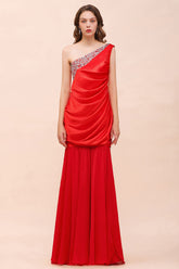 Chic One Shoulder Beading Ruffle Red Bridesmaid Dress with Detachable Skirt-27dress