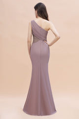 Chic One-Shoulder Dusk Chiffon Lace Ruffle Bridesmaid Dress with Front Slit On Sale-27dress