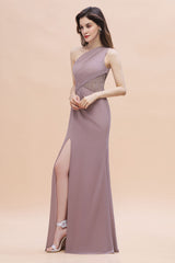 Chic One-Shoulder Dusk Chiffon Lace Ruffle Bridesmaid Dress with Front Slit On Sale-27dress