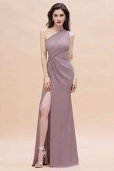Chic One-Shoulder Dusk Chiffon Lace Ruffle Bridesmaid Dress with Front Slit On Sale-27dress