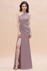 Chic One-Shoulder Dusk Chiffon Lace Ruffle Bridesmaid Dress with Front Slit On Sale-27dress