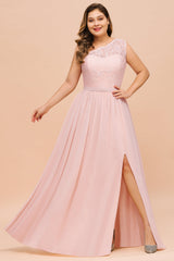 Chic One-Shoulder Pink Lace Bridesmaid Dresses with Slit-27dress