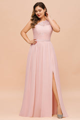 Chic One-Shoulder Pink Lace Bridesmaid Dresses with Slit-27dress