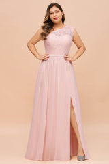 Chic One-Shoulder Pink Lace Bridesmaid Dresses with Slit-27dress
