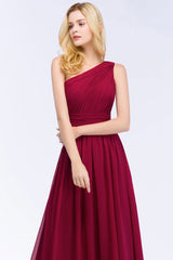 Chic One-shoulder Sleeveless Burgundy Chiffon Bridesmaid Dresses Online-27dress