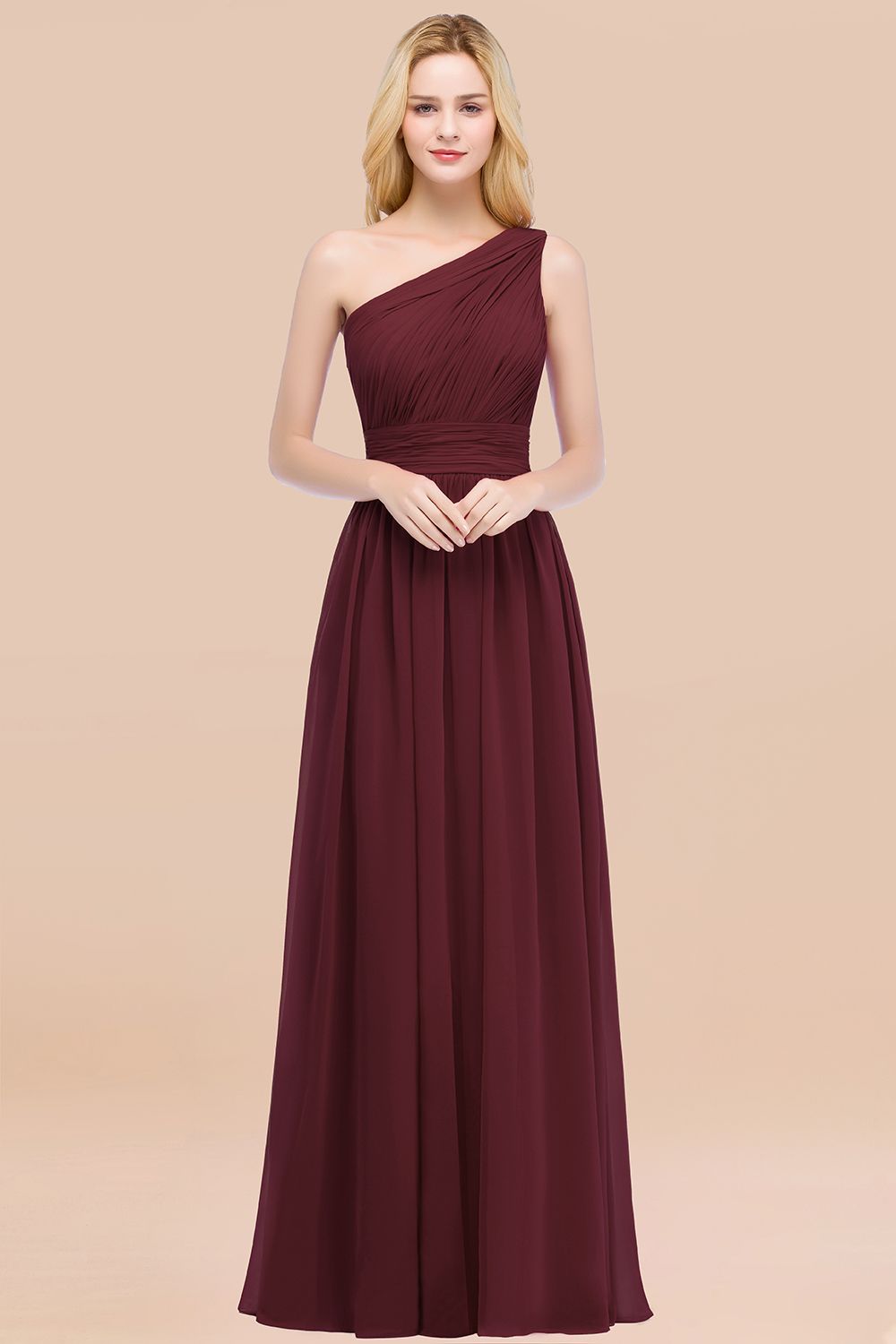 Chic One-shoulder Sleeveless Burgundy Chiffon Bridesmaid Dresses Online-27dress