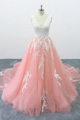 Chic Peach Pink Tulle Lace Wedding Dress Cathedral Train Bridal Gowns On Sale-27dress