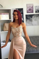 Chic Pink Evening Dress Prom Dress with Applique Belt and Slit