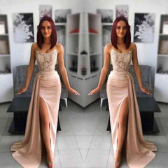 Chic Pink Evening Dress Prom Dress with Applique Belt and Slit