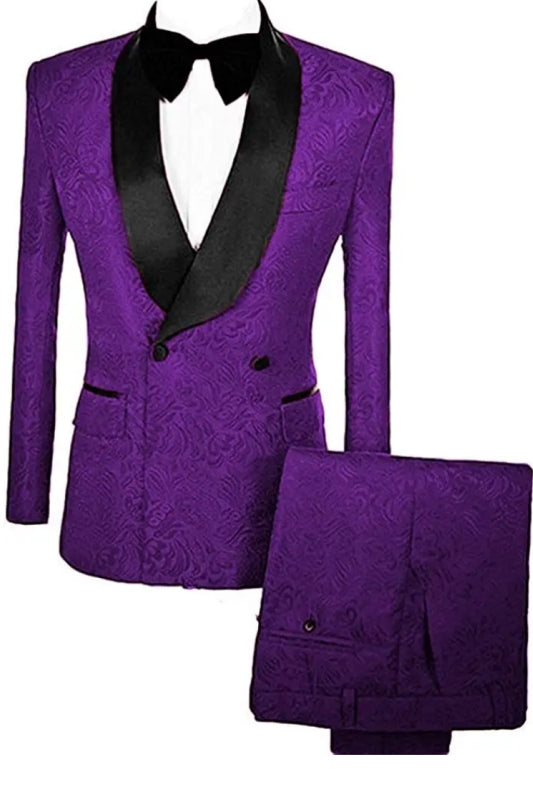 Chic Double Breasted Jacquard Purple Wedding Suits With Velvet Lapel