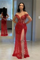 Chic Red Off the Shoulder High Split Long Prom Dress With Bead Embroidery