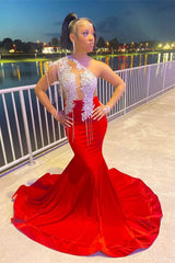 Chic Red One Shoulder Long Mermaid Prom Dress Trumpet With Tassel Appliques