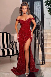 Chic Red Sequins Off the Shoulder Sweetheart Mermaid Prom Dress With Split