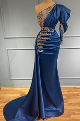 Chic Royal Blue Beadings One Shoulder Mermaid Prom Dress Long With Pleated