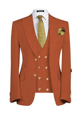 Chic Rust Three Pieces Peaked Lapel Red Prom Suits For Men