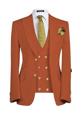 Chic Rust Three Pieces Peaked Lapel Red Prom Suits For Men