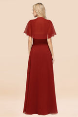Chic Satin V-Neck Long Burgundy Chiffon Bridesmaid Dress with Flutter Sleeve-27dress