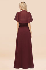 Chic Satin V-Neck Long Burgundy Chiffon Bridesmaid Dress with Flutter Sleeve-27dress