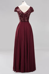 Chic Sequined Top V-Neck Sleeveless Burgundy Bridesmaid Dresses Online-27dress