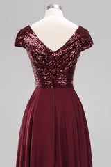 Chic Sequined Top V-Neck Sleeveless Burgundy Bridesmaid Dresses Online-27dress