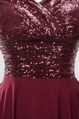 Chic Sequined Top V-Neck Sleeveless Burgundy Bridesmaid Dresses Online-27dress