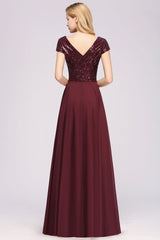 Chic Sequined Top V-Neck Sleeveless Burgundy Bridesmaid Dresses Online-27dress
