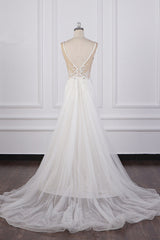 Chic Sheath White Satin V-neck Wedding Dress Tulle Lace Appliques Bridal Gowns Online-27dress