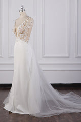 Chic Sheath White Satin V-neck Wedding Dress Tulle Lace Appliques Bridal Gowns Online-27dress