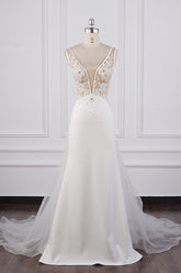 Chic Sheath White Satin V-neck Wedding Dress Tulle Lace Appliques Bridal Gowns Online-27dress