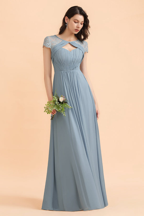 Chic Short Sleeves Lace Chiffon Bridesmaid Dress with Ruffles Online-27dress