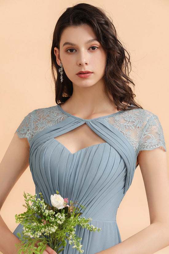 Chic Short Sleeves Lace Chiffon Bridesmaid Dress with Ruffles Online-27dress