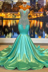 Chic Sleeveless Mermaid Jade Long Prom Dress Beaded With Appliques