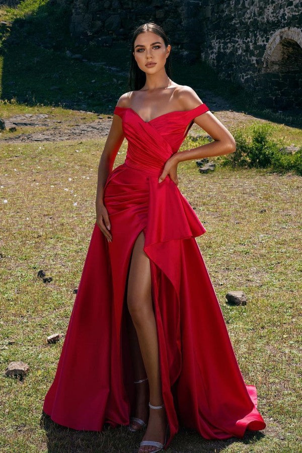 Chic Sleeveless Off the Shoulder Mermaid Pleated Prom Dress Red With Split