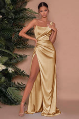 Chic Sleeveless One Shoulder Mermaid Long Split Evening Dress With Pleated