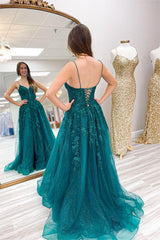 Chic Spaghetti Strap Sleeveless A Line Long Tulle Prom Dress With Appliques