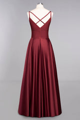 Chic Spaghetti-Straps Burgundy Satin Long Bridesmaid Dress Online-27dress