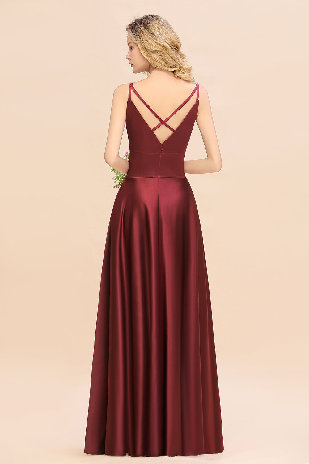Chic Spaghetti-Straps Burgundy Satin Long Bridesmaid Dress Online-27dress