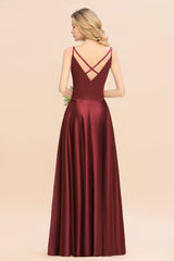 Chic Spaghetti-Straps Burgundy Satin Long Bridesmaid Dress Online-27dress