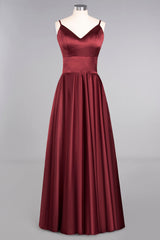 Chic Spaghetti-Straps Burgundy Satin Long Bridesmaid Dress Online-27dress