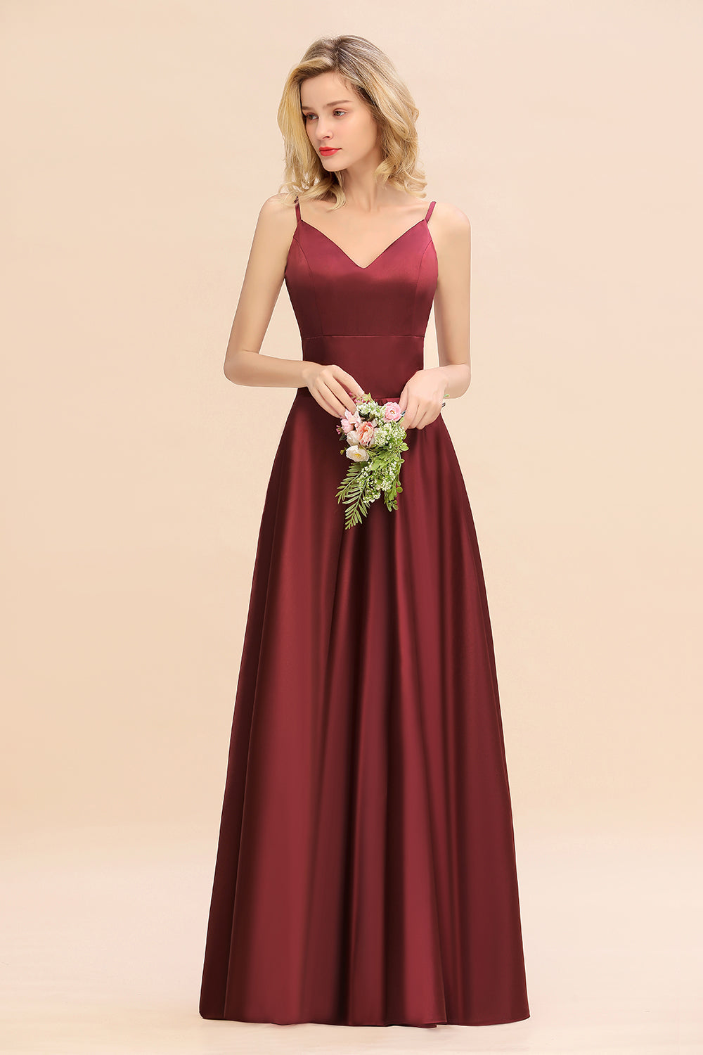 Chic Spaghetti-Straps Burgundy Satin Long Bridesmaid Dress Online-27dress