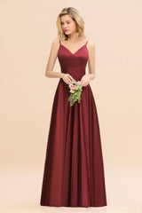 Chic Spaghetti-Straps Burgundy Satin Long Bridesmaid Dress Online-27dress