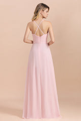Chic Spaghetti Straps Chiffon Pink Bridesmaid Dresses with Crisscross Back-27dress