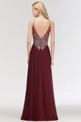 Chic Spaghetti Straps Long Burgundy Backless Bridesmaid Dress with Appliques-27dress