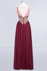 Chic Spaghetti Straps Long Burgundy Backless Bridesmaid Dress with Appliques-27dress