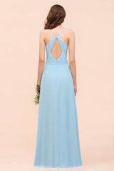 Chic Spaghetti Straps Ruffle Sky Blue Chiffon Bridesmaid Dress Online-27dress