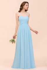 Chic Spaghetti Straps Ruffle Sky Blue Chiffon Bridesmaid Dress Online-27dress