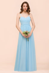 Chic Spaghetti Straps Ruffle Sky Blue Chiffon Bridesmaid Dress Online-27dress